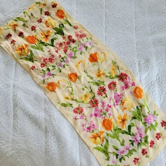 Floral Scarf Tulips Silky Orange Red Green Pink - Picture 5 of 6